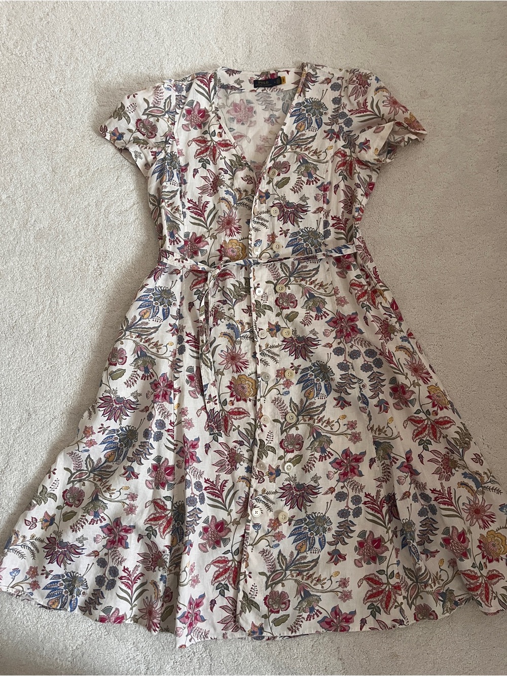 Polo Ralph Lauren Floral Print Button-Front Midi Dress in Cream and Pink - Linen